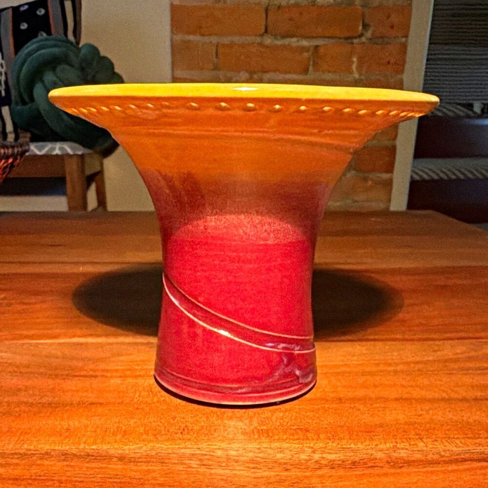 Barb Lund Studio Signed Ceramic Vase Yellow & Red Glossy Glaze Earring Holder
